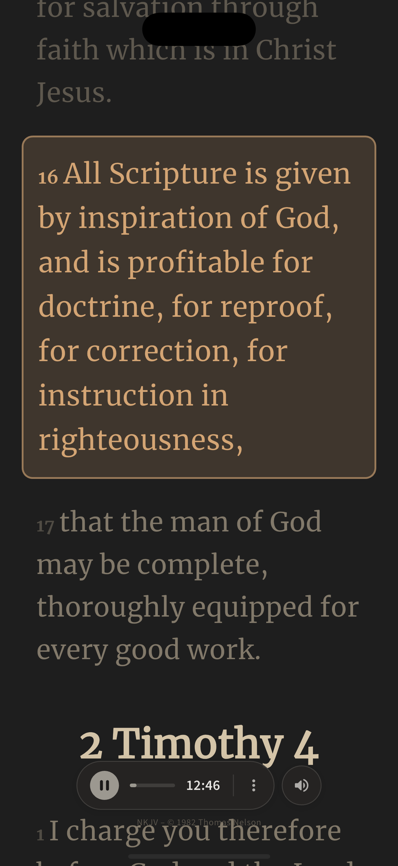 Horarium Bible reading app showing Scripture text with timer and progress tracking